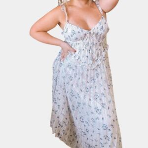 Pleated Blue and White Ditsy Floral Midi Dress